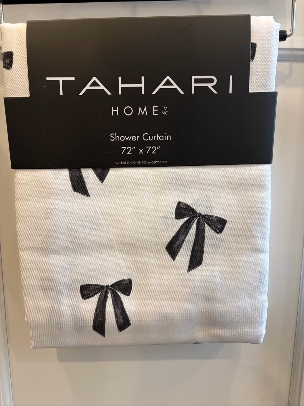 Tahari Home White Shower Curtain with Black Bow Motif
